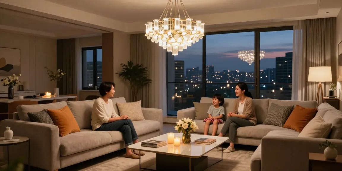 Candelabru elegant suspendat în living, iluminând o seară confortabilă în familie.