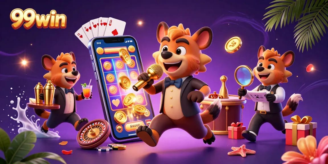 Experience the thrill of casino fun with 99win's vibrant cartoon hyenas in a comedy club scene.