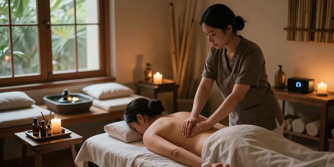 마사지 과정 중 아로마 오일과 자연 친화적 장식이 있는 편안한 스파 분위기