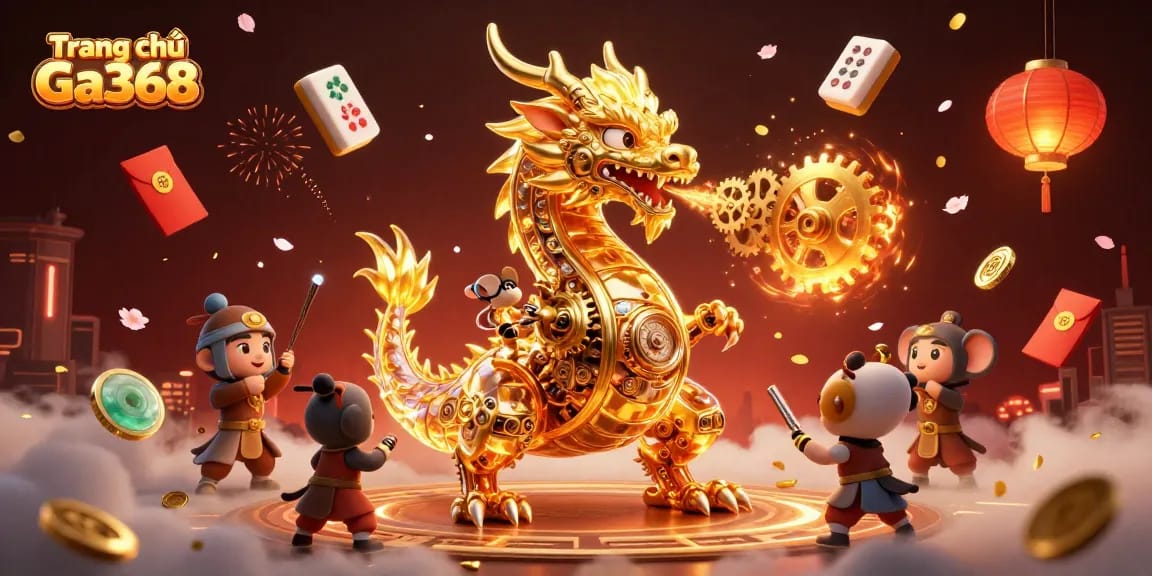 Engaging workplace of Trang chủ Ga368 where a golden dragon breathes gears, symbolizing dynamic gameplay.