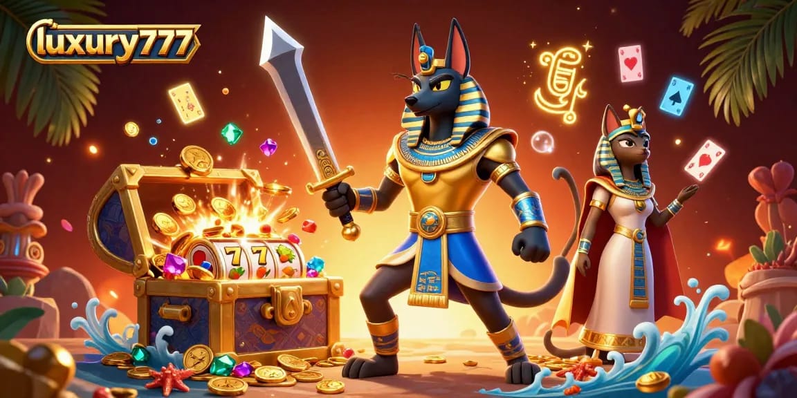 Engage with luxury777 in a dynamic 3D casino scene with slot reels and vibrant treasures.