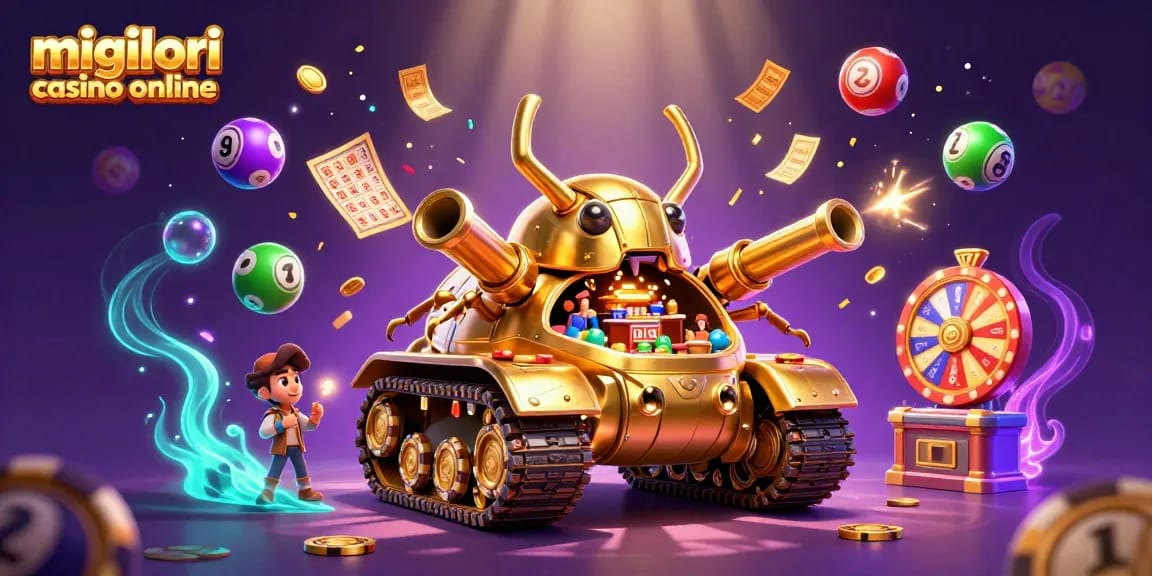Scopri i migliori casino online con questa vivace illustrazione 3D di un casinò miniatura in un carro armato d'oro, circondato da elementi di gioco.