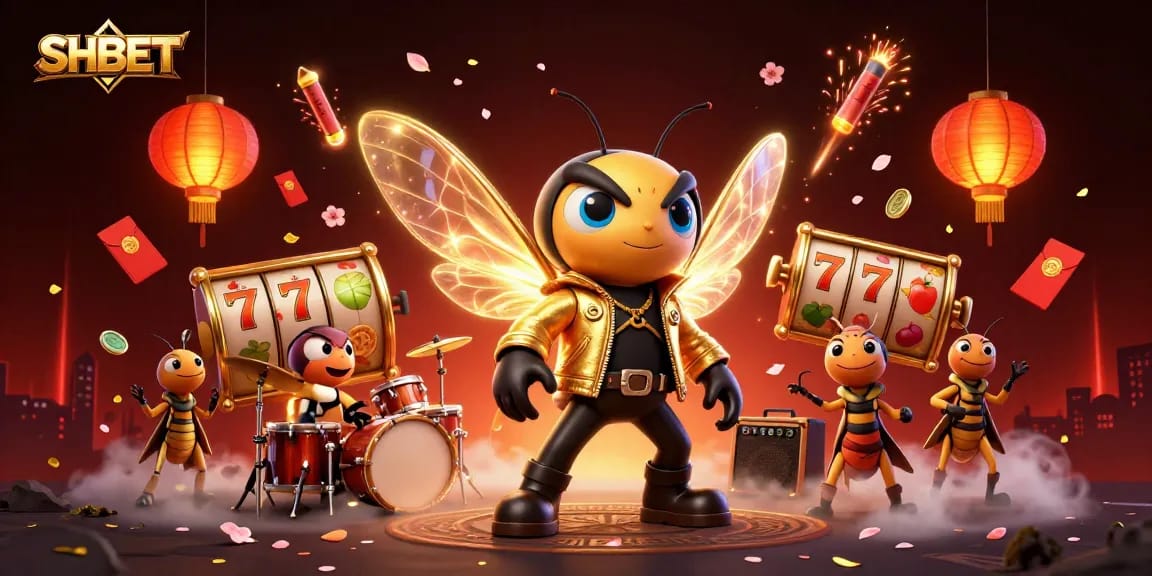 SHBET players engaging in fun with a cartoon cicada rock star and slot games, showcasing vibrant casino energy.