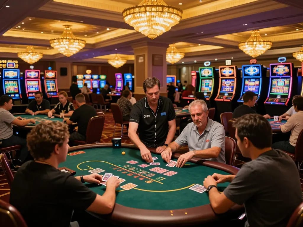 Players engaging in intense card games at nhà cái gg88, showcasing a vibrant casino atmosphere with professional dealers.