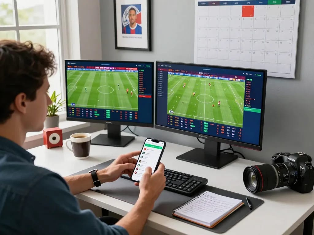 Engaging sports betting setup showcasing Kèo nhà cái TV with live odds and match statistics on multiple screens in a dynamic workspace.