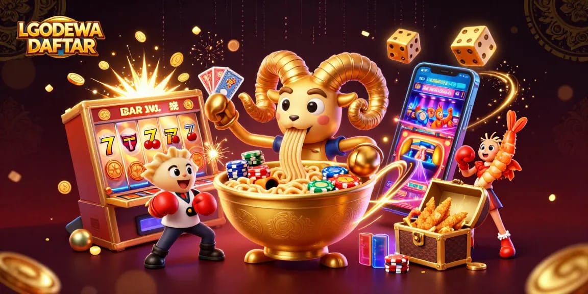 Experience thrill and wins with LGODEWA DAFTAR, showcasing vibrant casino characters and exciting game elements.