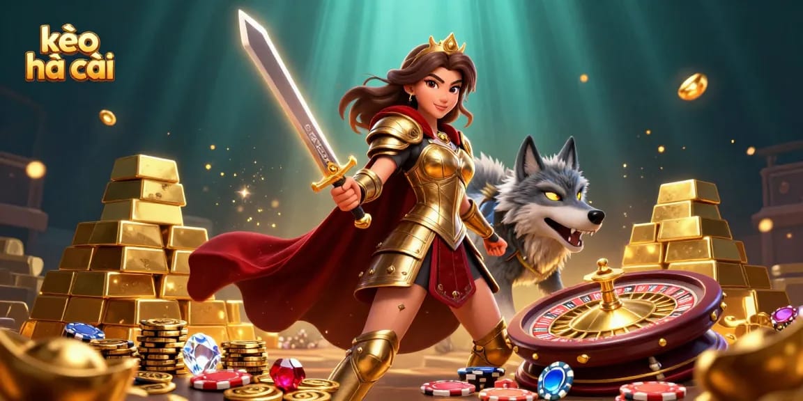 Engage with kèo nhà cái through an exciting 3D depiction of sports betting queen and wolf, featuring gold coins and poker elements.
