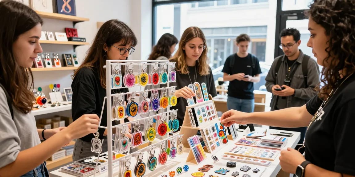 Shopper exploring vibrant acrylic keychain collection in modern retail space.