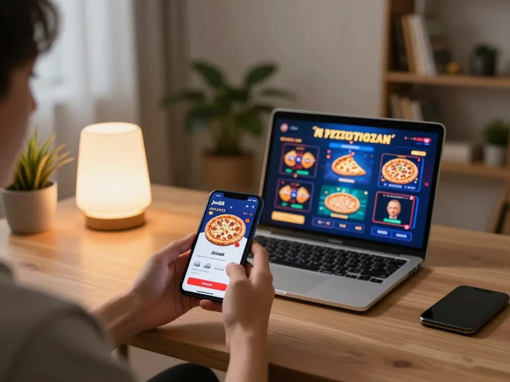 Engaging moment of mobile gaming with jun88 pizza app showcased on smartphone