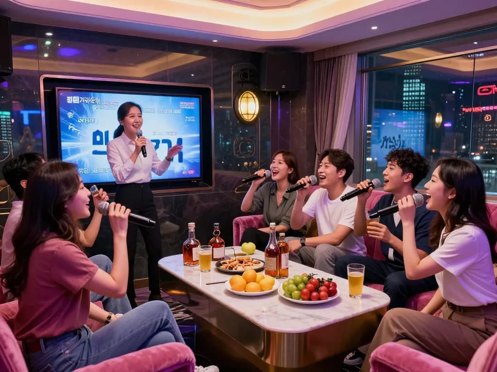 활기찬 분위기로 가득한 프라이빗 노래방에서 친구들과 함께 강남가라오케의 즐거움을 경험하세요.