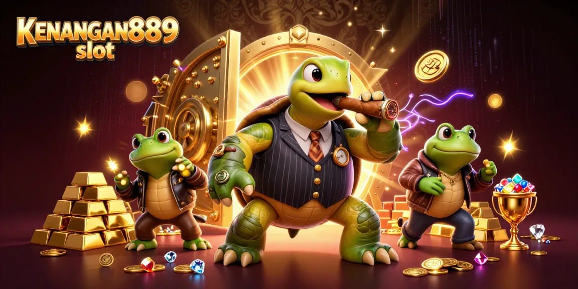 Experience excitement with KENANGAN889 slot in this vibrant 3D casino scene, filled with treasure and action.