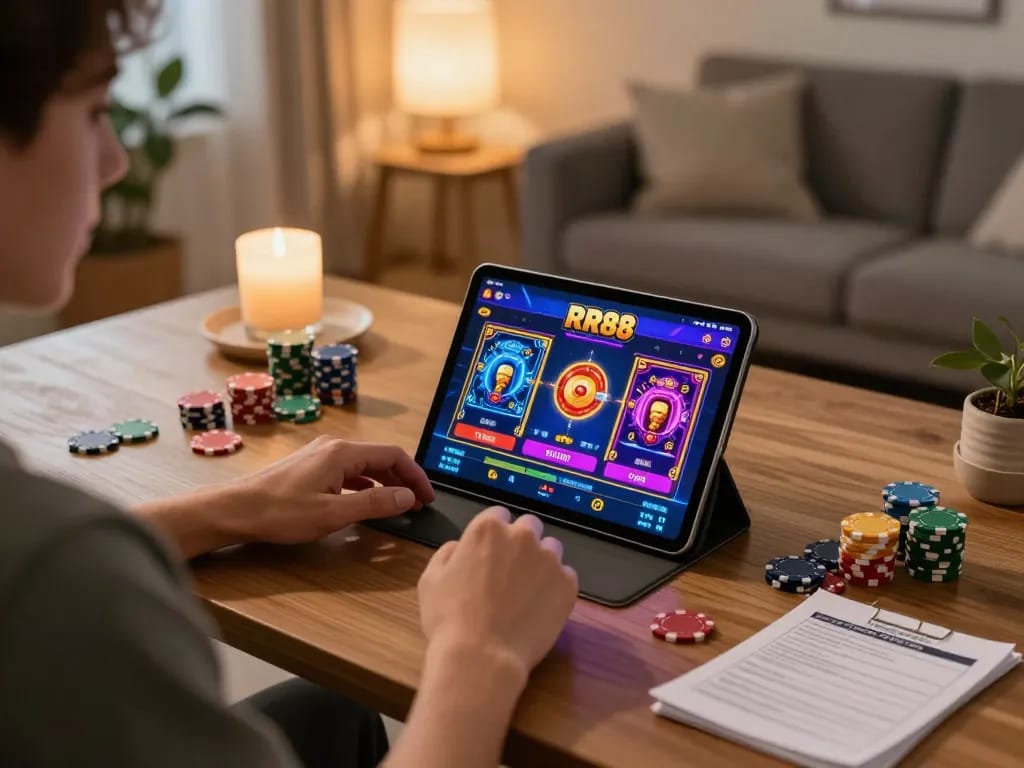 Player enjoying RR88 casino app on tablet in a cozy gaming setup