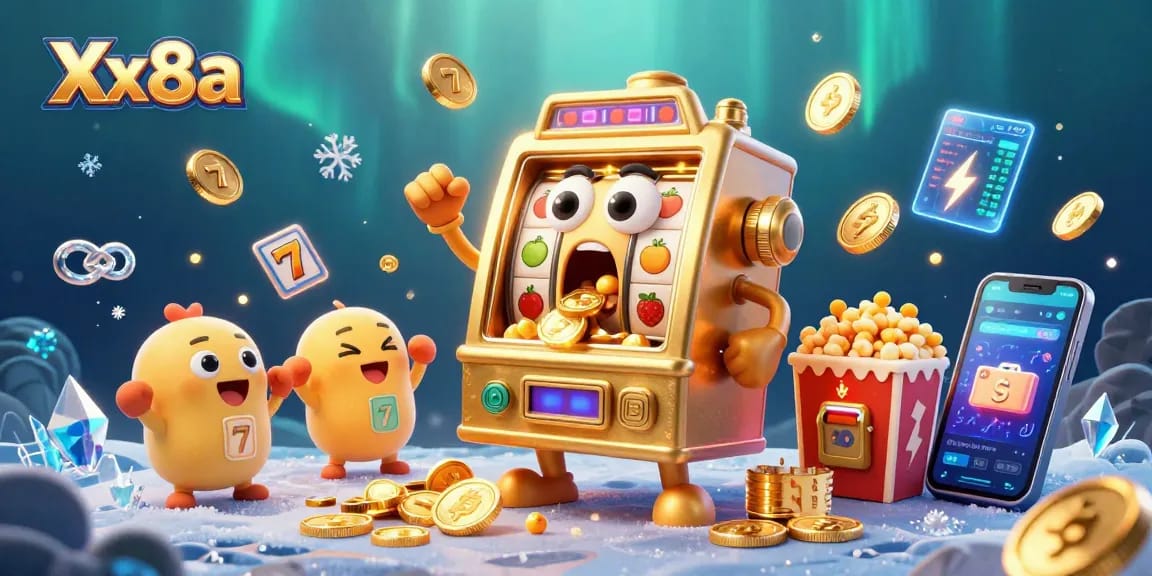 Xx8a slot machine celebrating a jackpot with cheering baby slots and gold coins raining down in a vibrant casino scene.