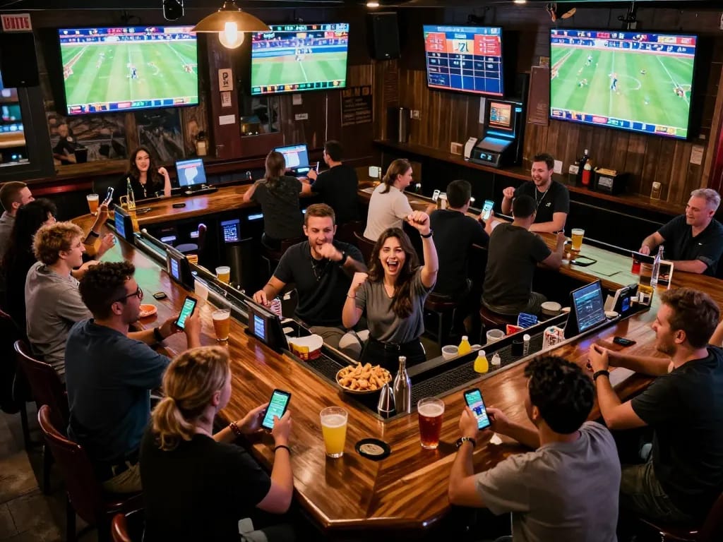 VIN88 sports enthusiasts engaging in live betting at a vibrant sportsbook bar.