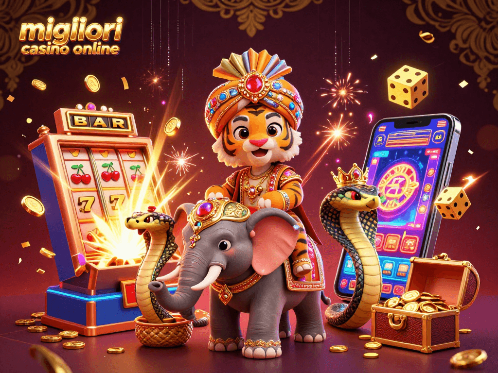 Gioca nei migliori casino online con il maharaja e i simboli delle slot in un'immagine vibrante.