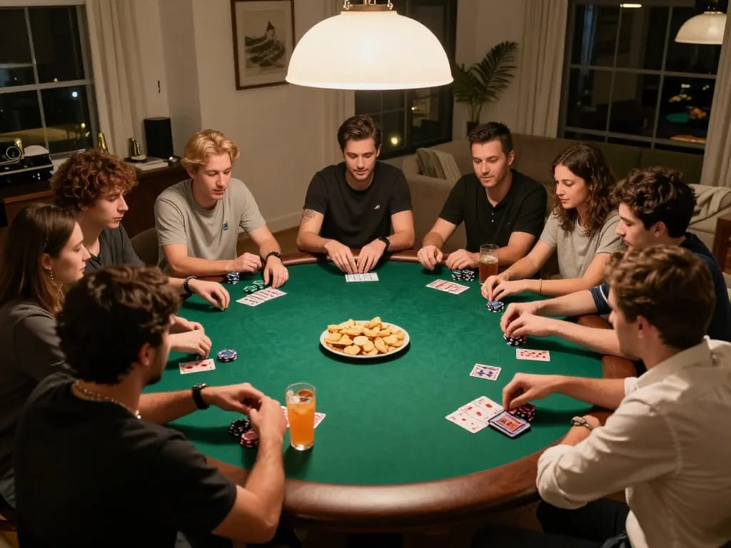 Friends enjoy a lively poker game at home while playing mm88 with vibrant snacks and drinks