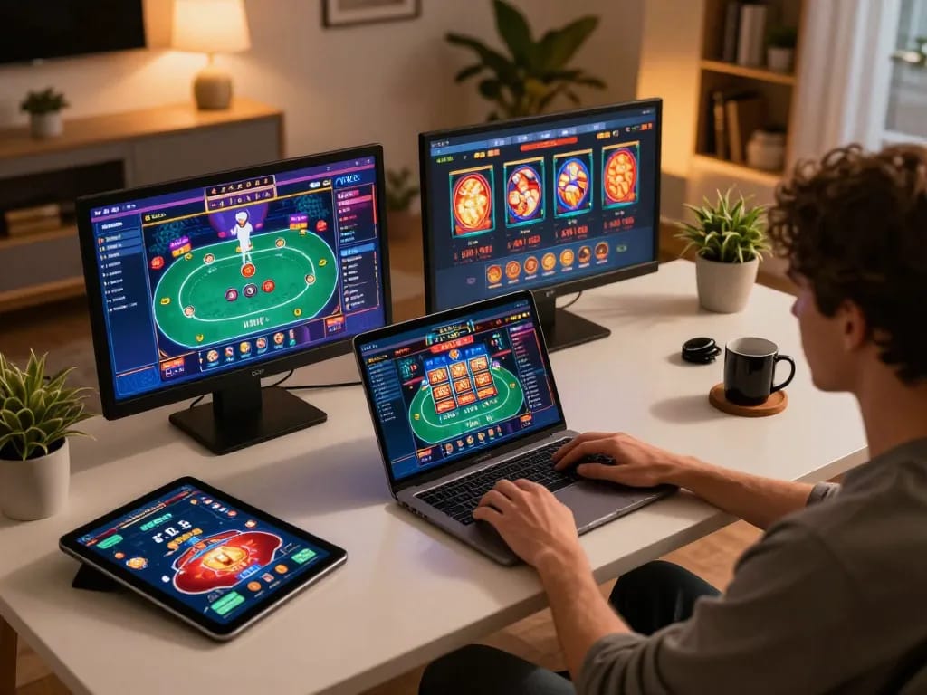 KJC online gaming experience with a person strategizing gameplay on a laptop and tablet in a stylish home