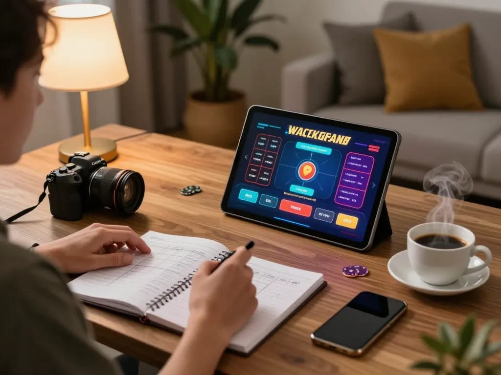 Player enjoying an online baccarat game on tablet, featuring OKFUN's vibrant betting interface and cozy home atmosphere.