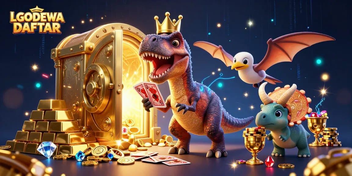 Engage in gaming adventures with LGODEWA DAFTAR showcasing T-Rex and friends amidst treasures.