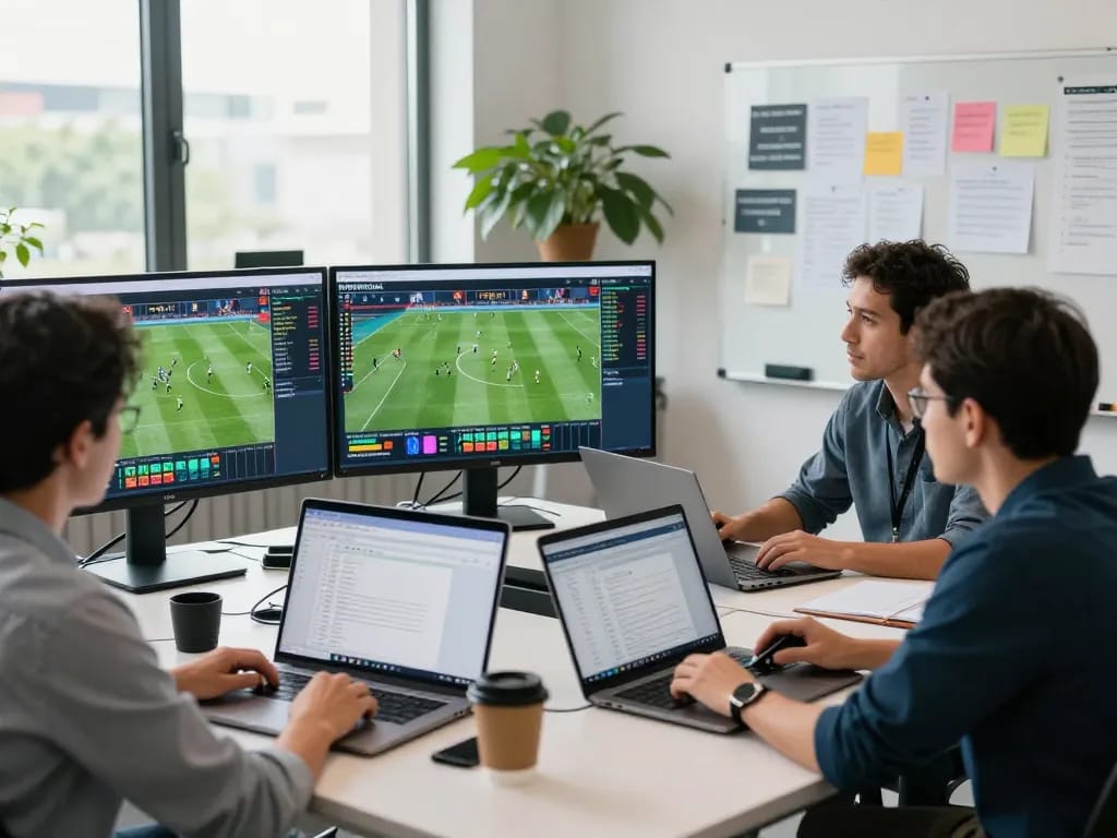 Analysts reviewing NOWGOAL live scores and football data in a modern sports analytics office.
