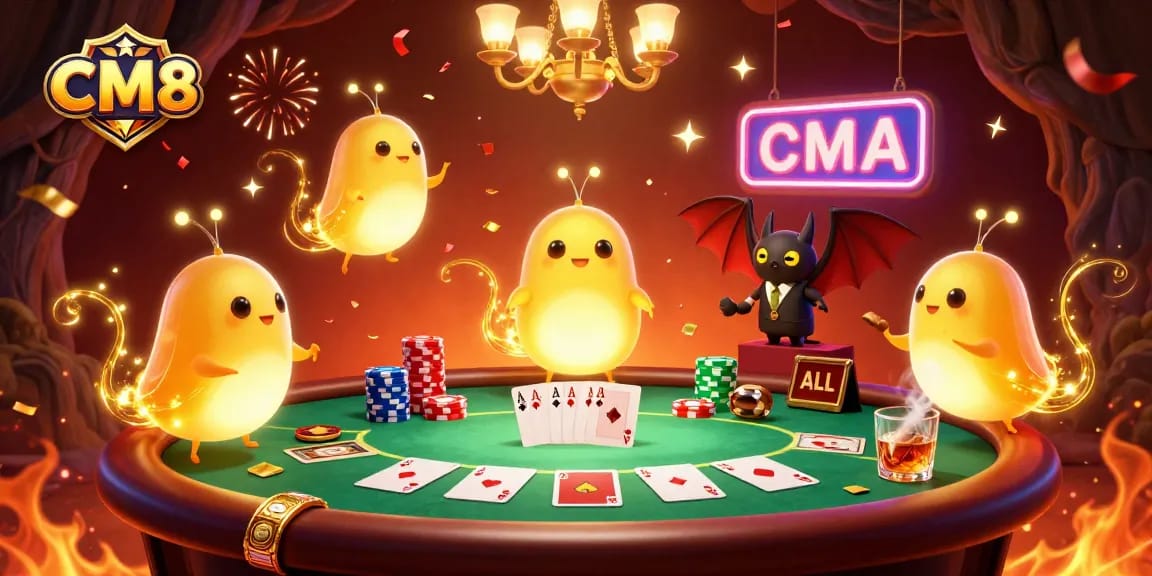 Experience exciting gameplay at CM8, featuring vibrant casino scenes filled with poker tables and glowworms.