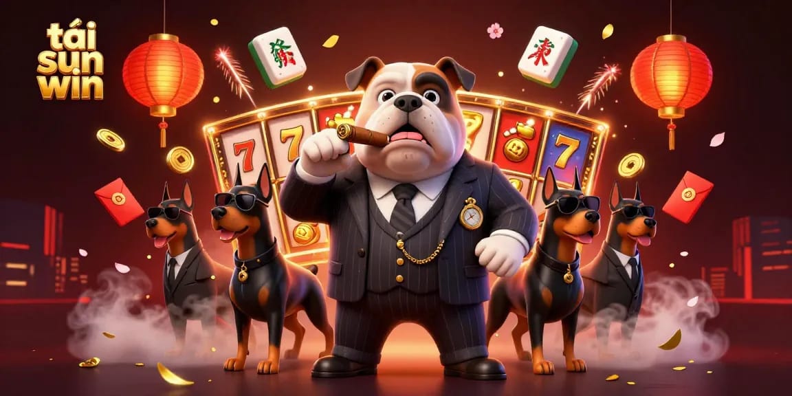 Engage in thrilling gaming action with tải sun win, featuring a mafia boss bulldog and Doberman bodyguards in a vibrant casino backdrop.
