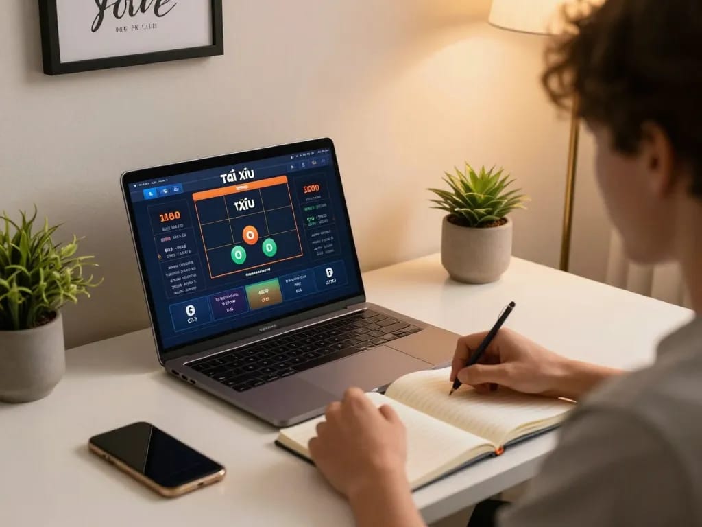 Engaged player analyzing taixiuonline betting strategies at a cozy home desk