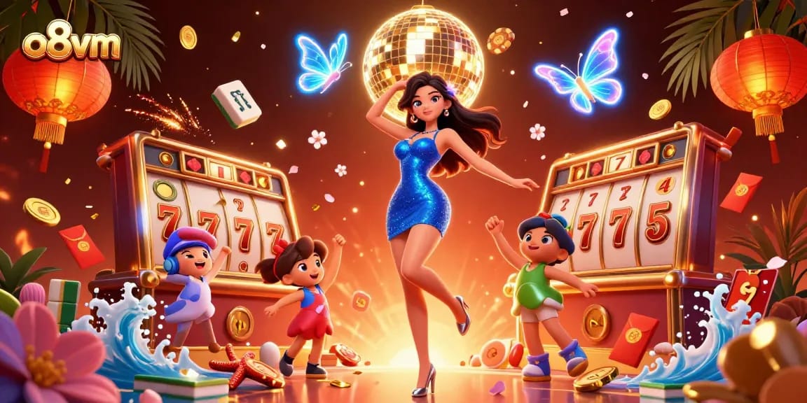 Experience the excitement of o8vm gaming with vibrant slots and dynamic characters amidst festive decorations.