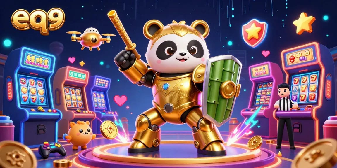 Experience thrilling gameplay at eq9 with a dynamic illustration of a mech-suit panda and exciting casino elements.