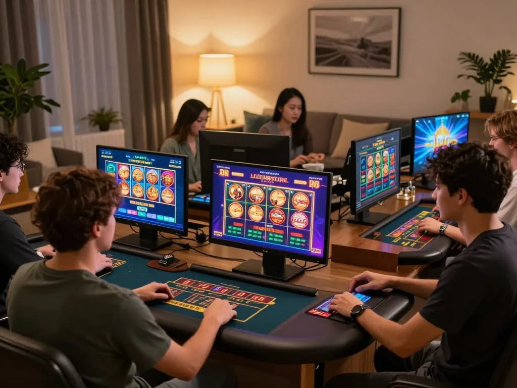 Users exploring the LOTO188 COM interface for online gaming and betting strategies in a cozy home environment.