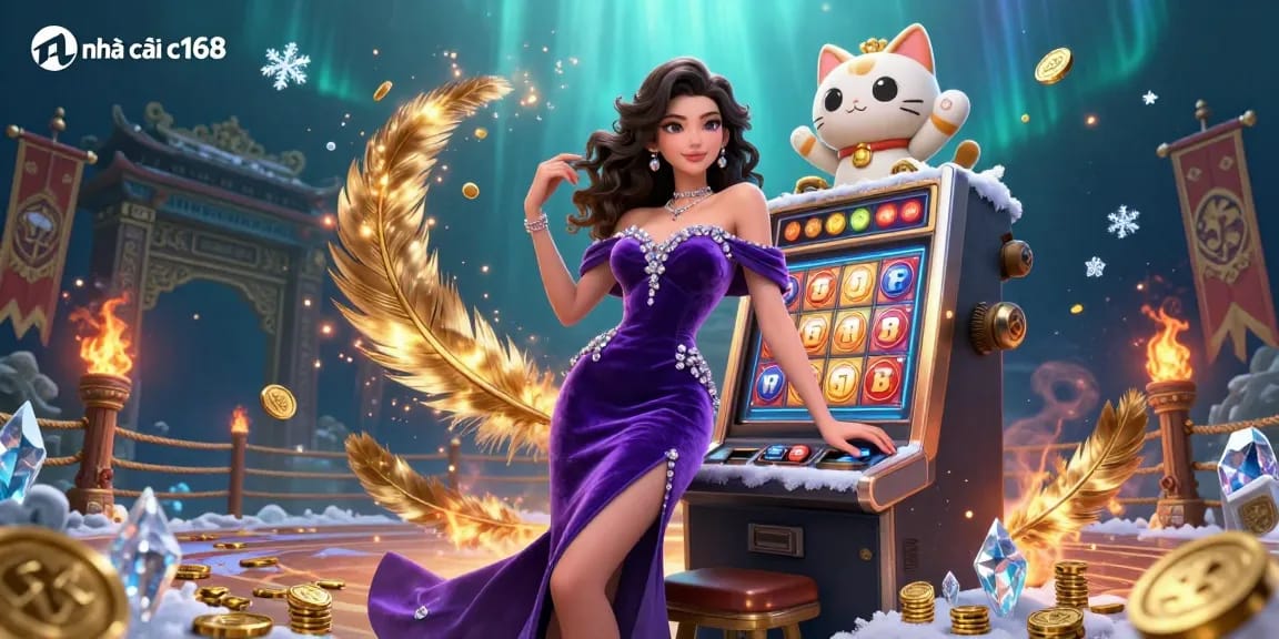Experience thrilling wins with nhà cái c168 at a vibrant casino scene featuring a jackpot slot machine and a waving fortune cat.