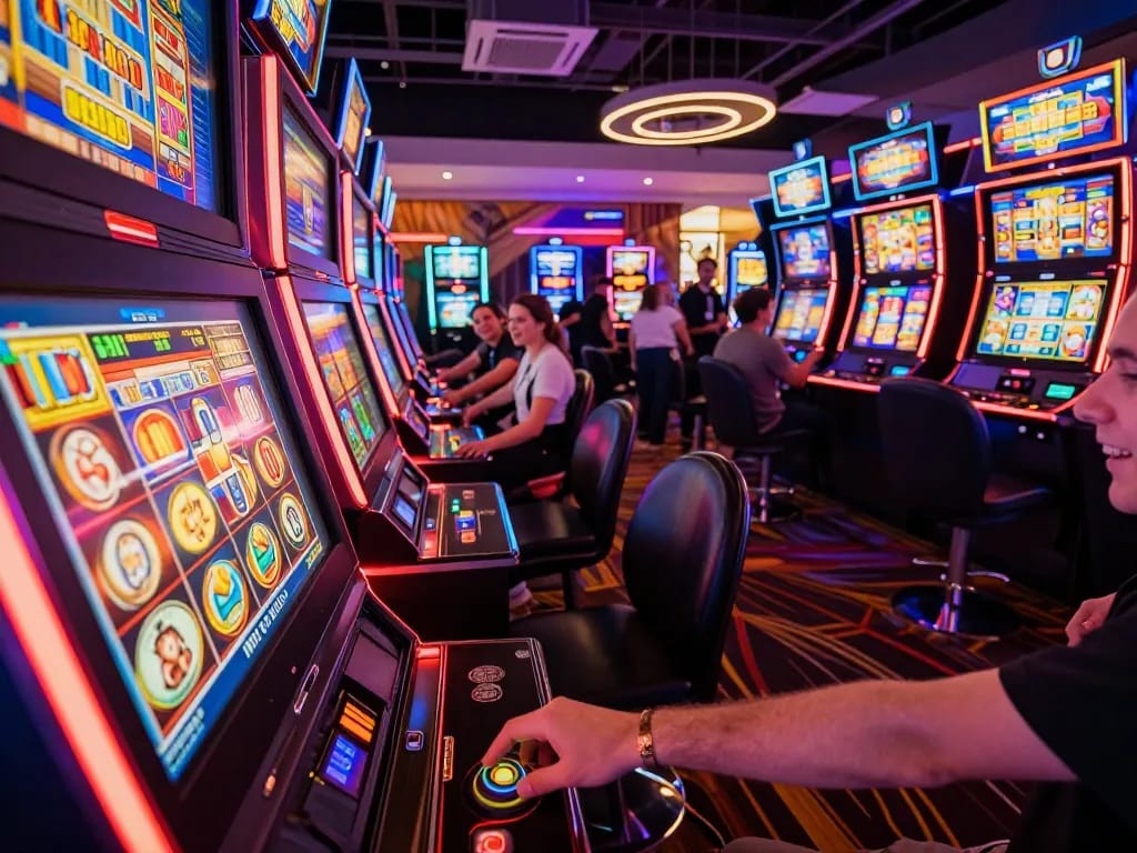 Playing slot bet 100 at a vibrant casino, capturing player excitement and colorful machine displays.