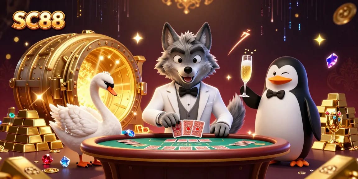 Engage with SC88's thrilling baccarat experience alongside charming characters in a vibrant casino scene.