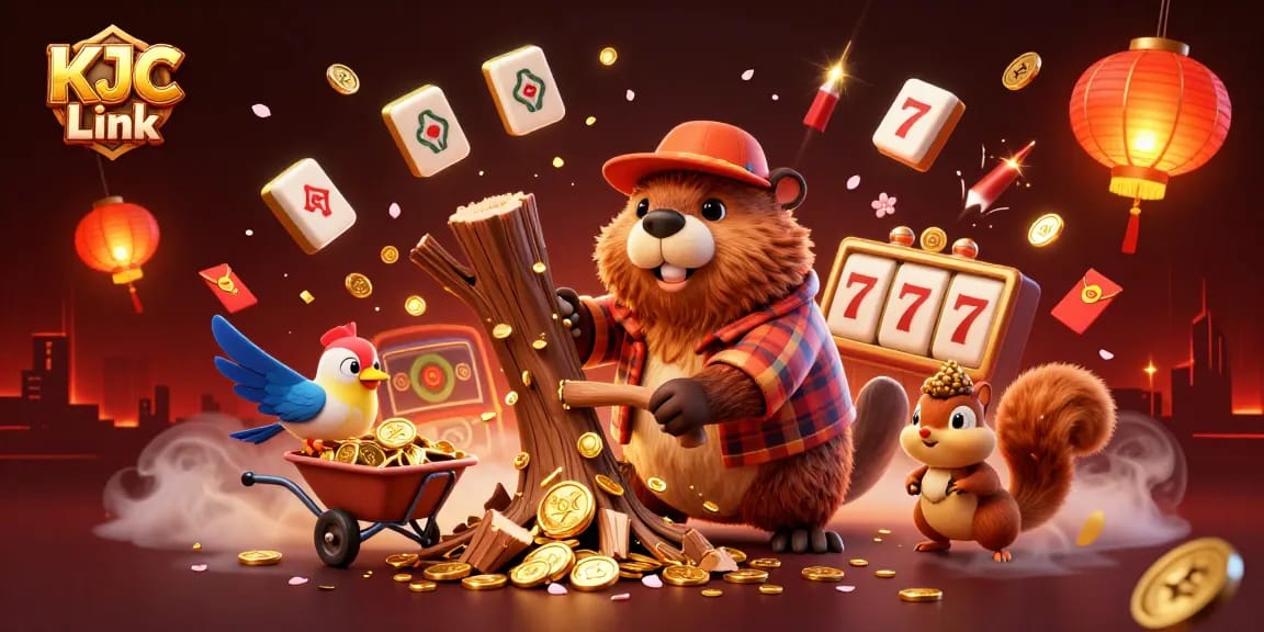 KJC Link showcases a lively gambling scene with cartoon characters collecting coins and playing slots.