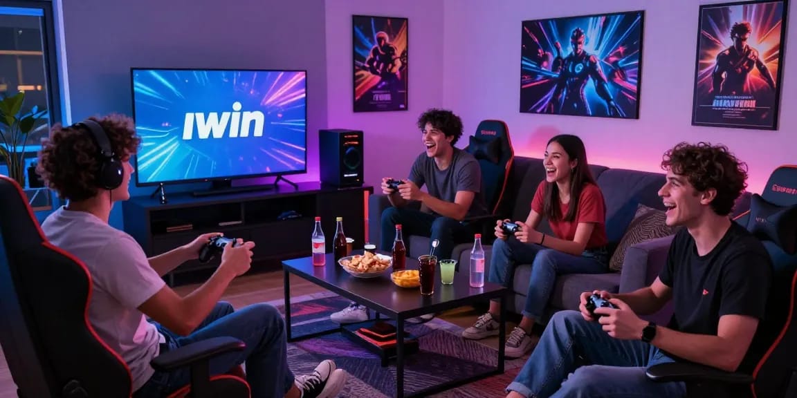 Friends playing competitive games on Iwin platform in a lively apartment atmosphere.