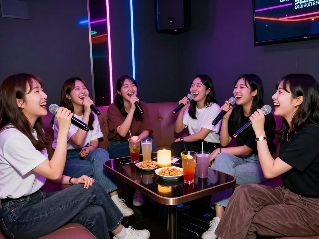 신나는 노래방 밤 경험, 친구들이 노래하고 활기찬 분위기를 즐기는 https://www.3no.org/