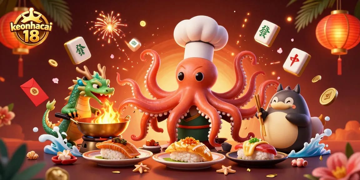 Engage with keonhacai 18 as a cheerful octopus chef creates gourmet dishes while a dragon breathes fire and a tanuki enjoys
