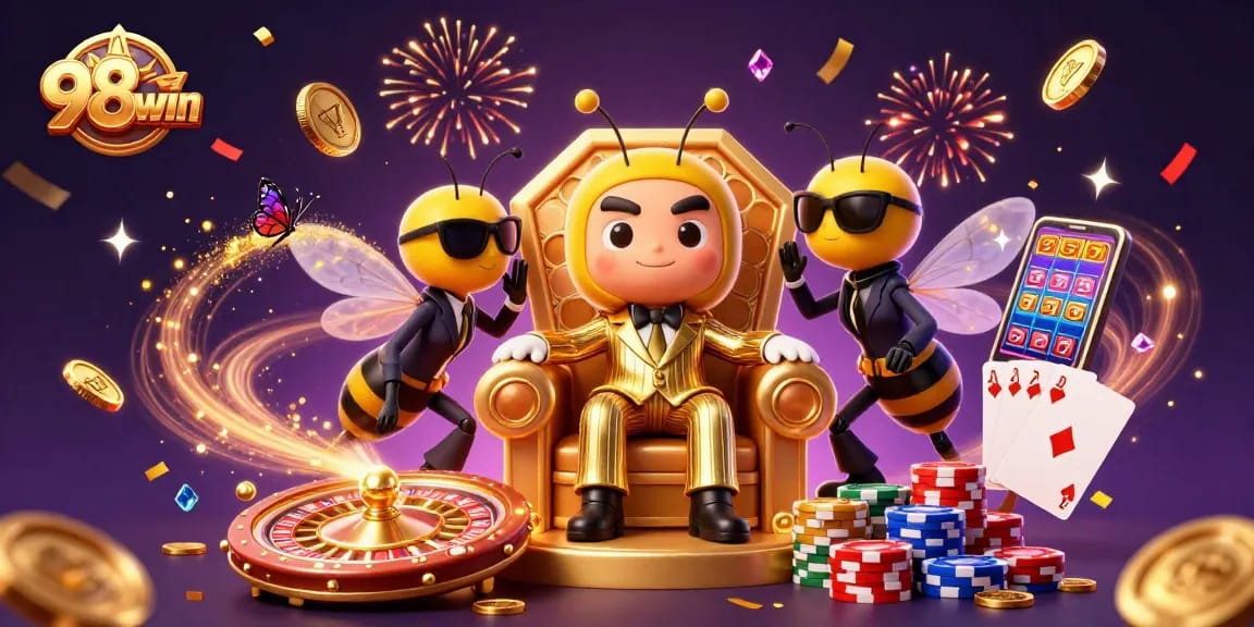 Experience thrilling games at 98win, featuring vibrant scenes of casino action with layered visual effects.
