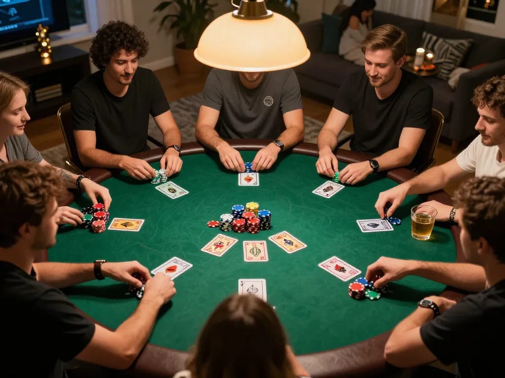 Spieler nehmen an einem aufregenden Pokerspiel teil, während Immobilienmakler Frankfurt Ginnheim lebendige soziale Interaktion und Strategie präsentiert