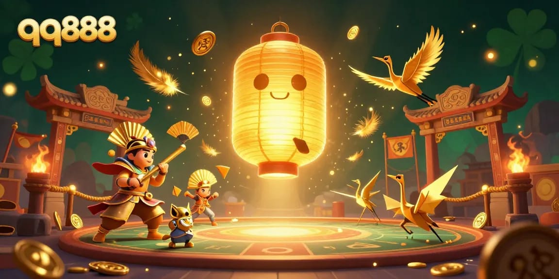 Capture the excitement at qq888's night market casino with a glowing lantern spirit and paper fan warriors.
