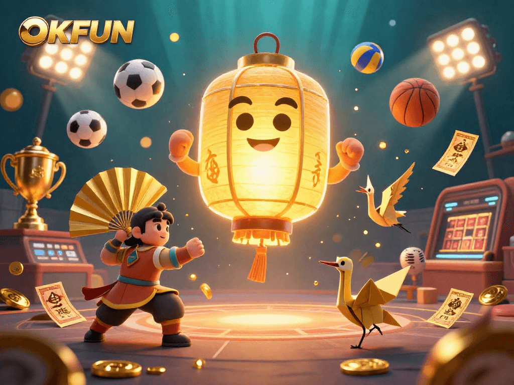 Experience the excitement of OKFUN with vibrant 3D characters and energetic gaming elements in a dynamic casino scene.