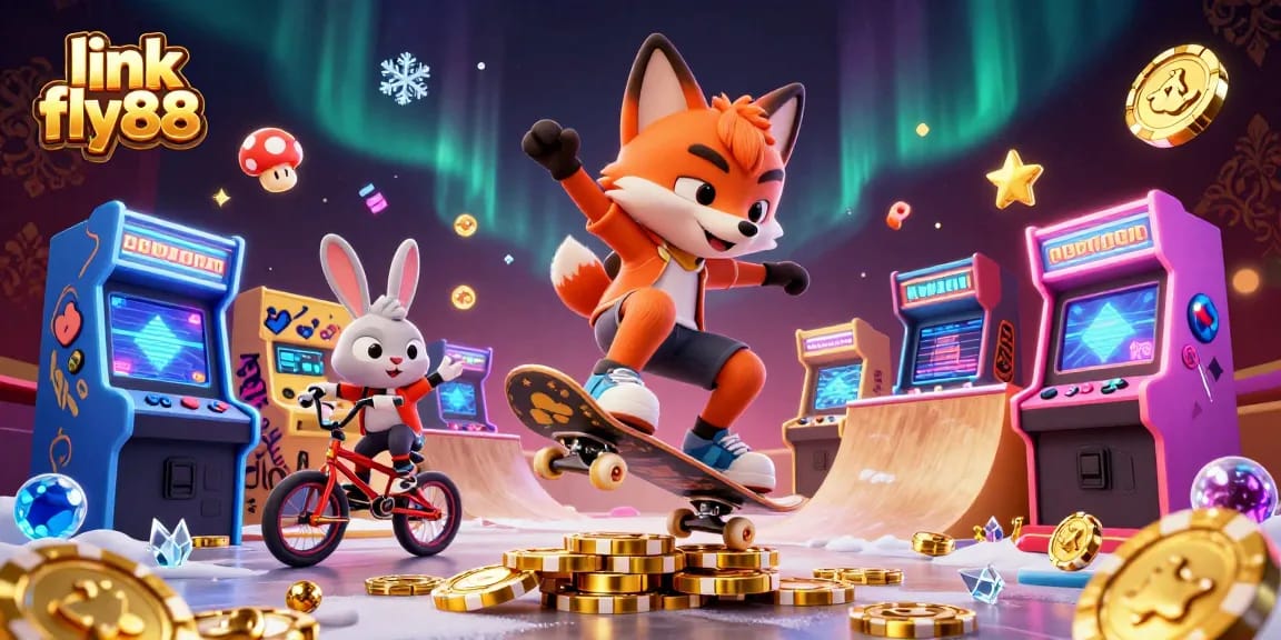 Experience the thrill of gaming with link fly88, a vibrant 3D scene featuring animated casino elements.