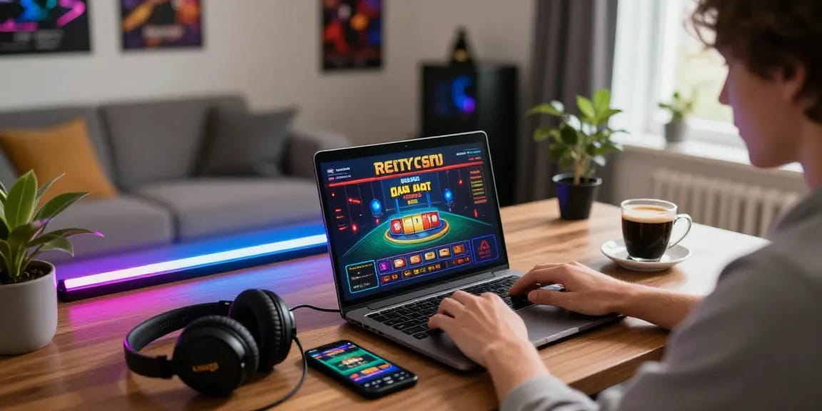 Engaged player at a credit card casino using a laptop in a cozy modern workspace with gaming decor.