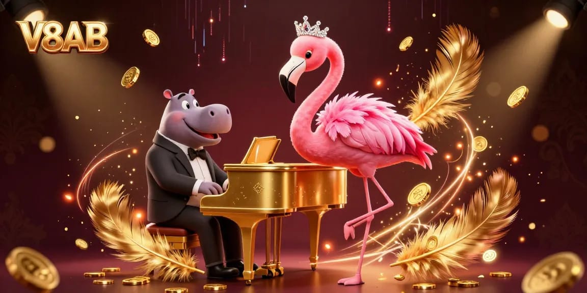 V8AB showcases a vibrant casino melody with flamingo performers and gold coins illuminating the scene.