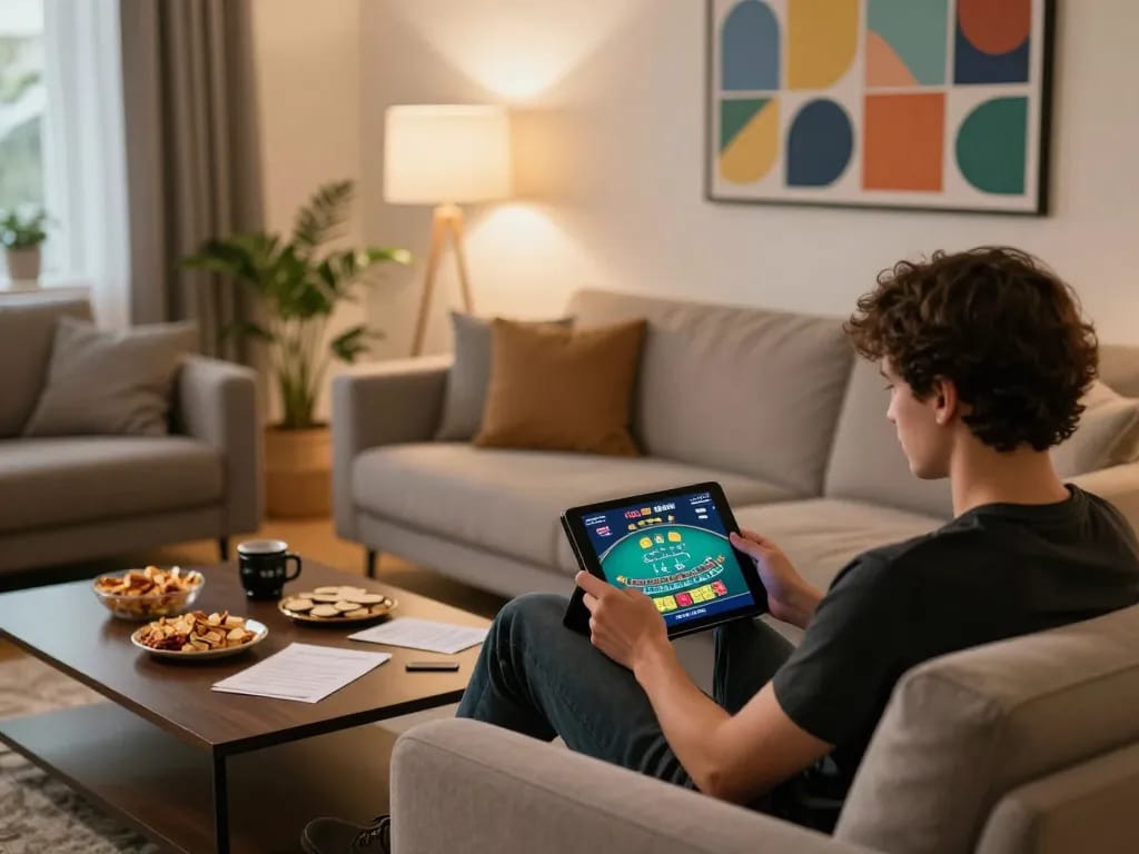 Player enjoying a thrilling game of blackjack on XX88 while seated in a cozy home environment