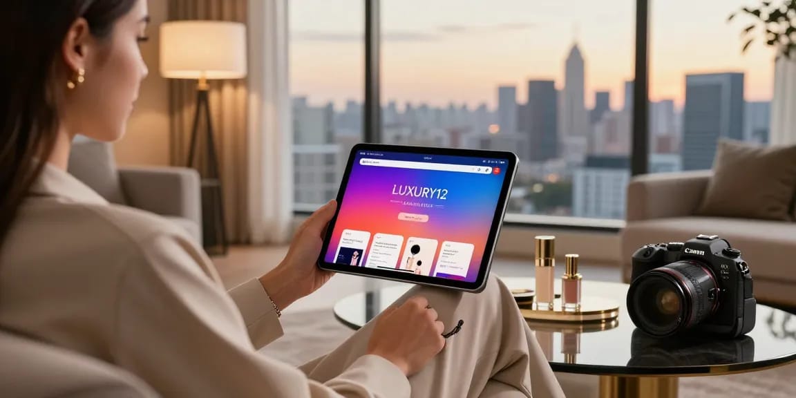 Gaya hidup mewah dengan individu yang menggunakan LUXURY12 Daftar di tablet di ruang tamu yang elegan.