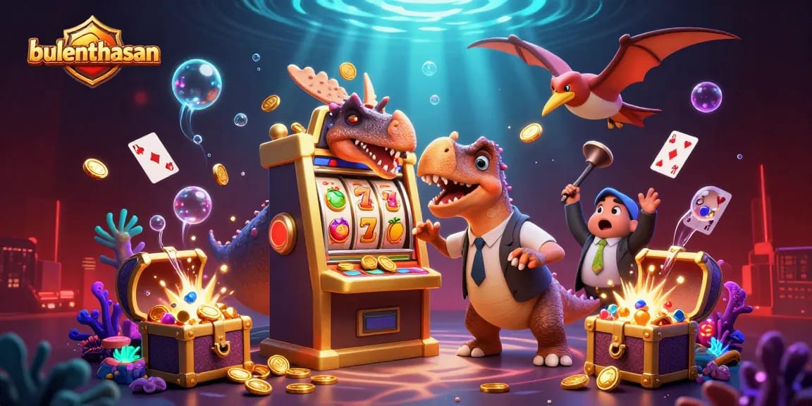 Bulenthasan showcases a vibrant scene with a dinosaur hitting a slot machine amidst golden coins, illustrating an exciting online casino experience.