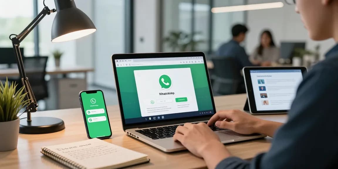 Using WhatsApp網頁版 on a laptop in a modern workspace with notifications and productivity tools.