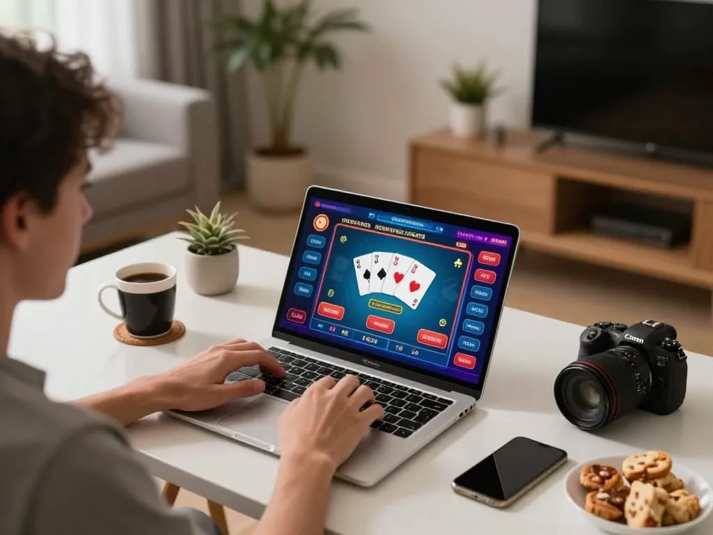 Playing poker on 11win's online platform in a cozy home setting with strategic elements.