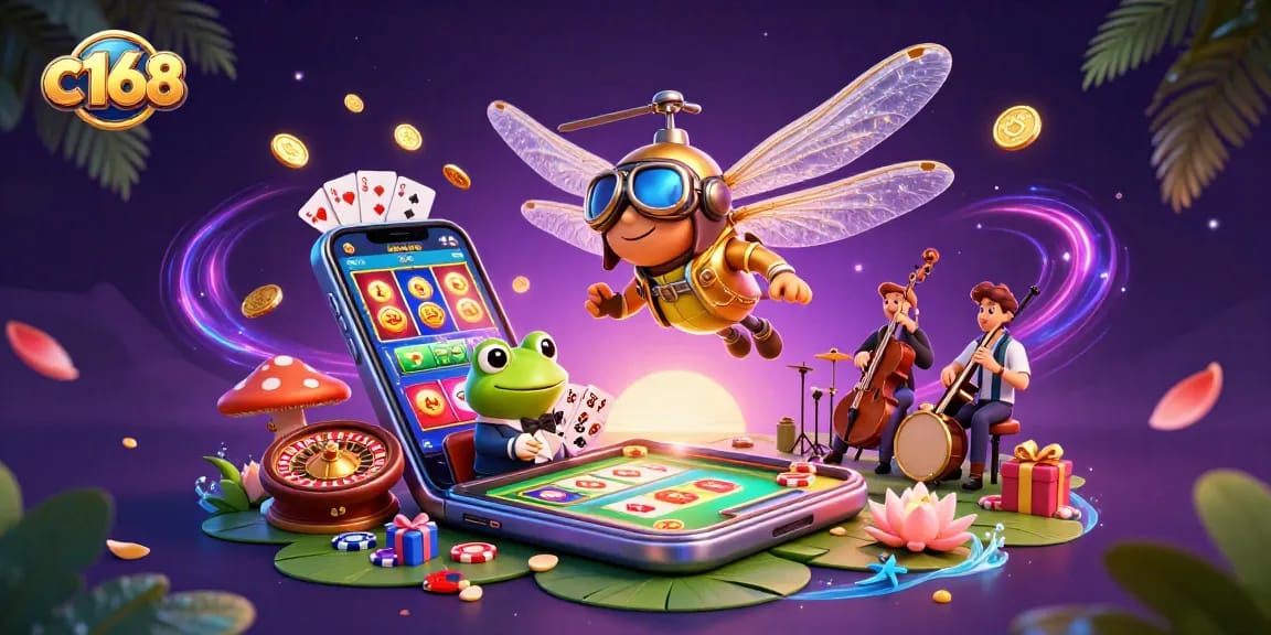 Experience thrilling gaming with c168, featuring vibrant characters in a lively casino scene.
